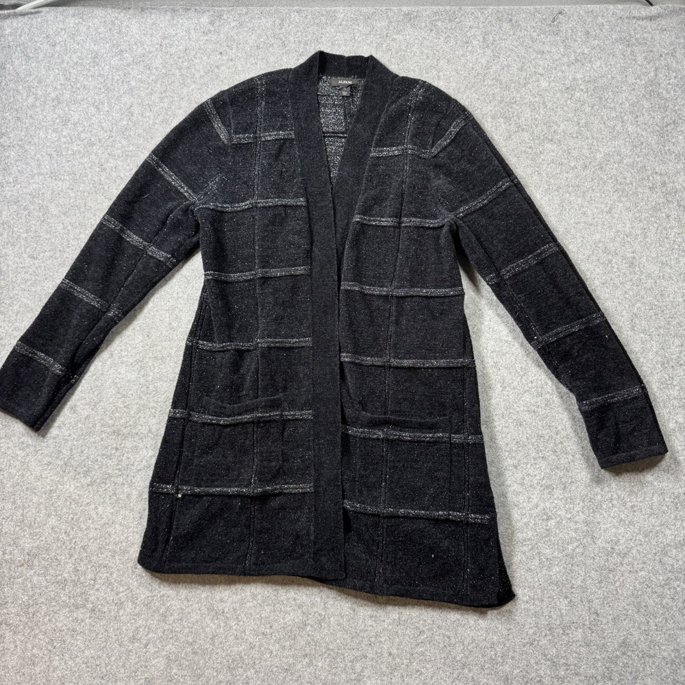 Alfani Womens Open Front Cardigan Large Black Metallic Sparkle Grid Pattern